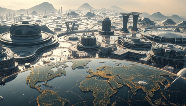 megastructure city over a world map
