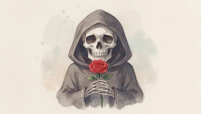 watercolor hooded figure with rose