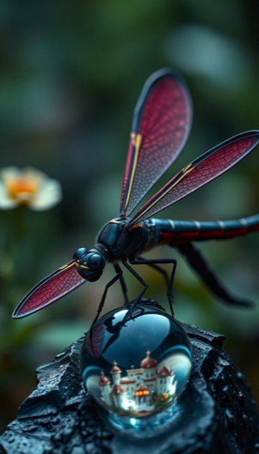 dragonfly macro on glass orb